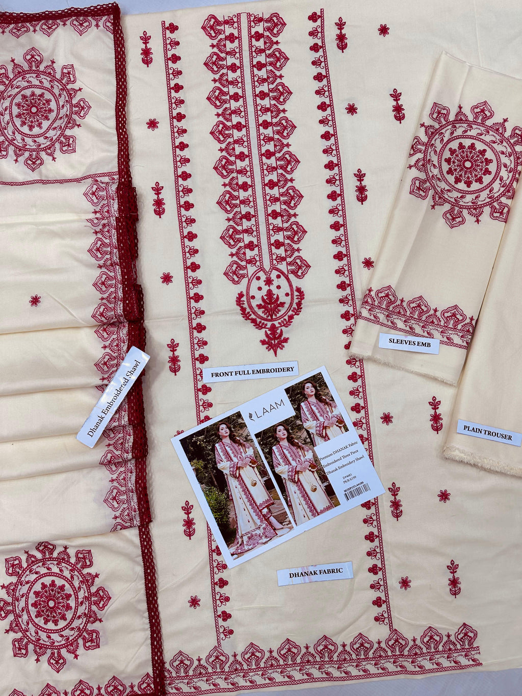 Aneela's Premium DHANAK Embroidered Three-Piece in Ivory Cream with Red Embroidery Shawl