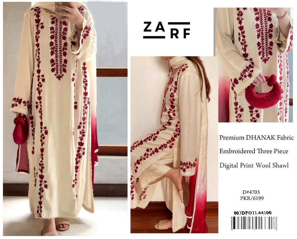 ZARF Premium DHANAK Embroidered Three-Piece in Ivory with Maroon Floral Embroidery & Wool Shawl
