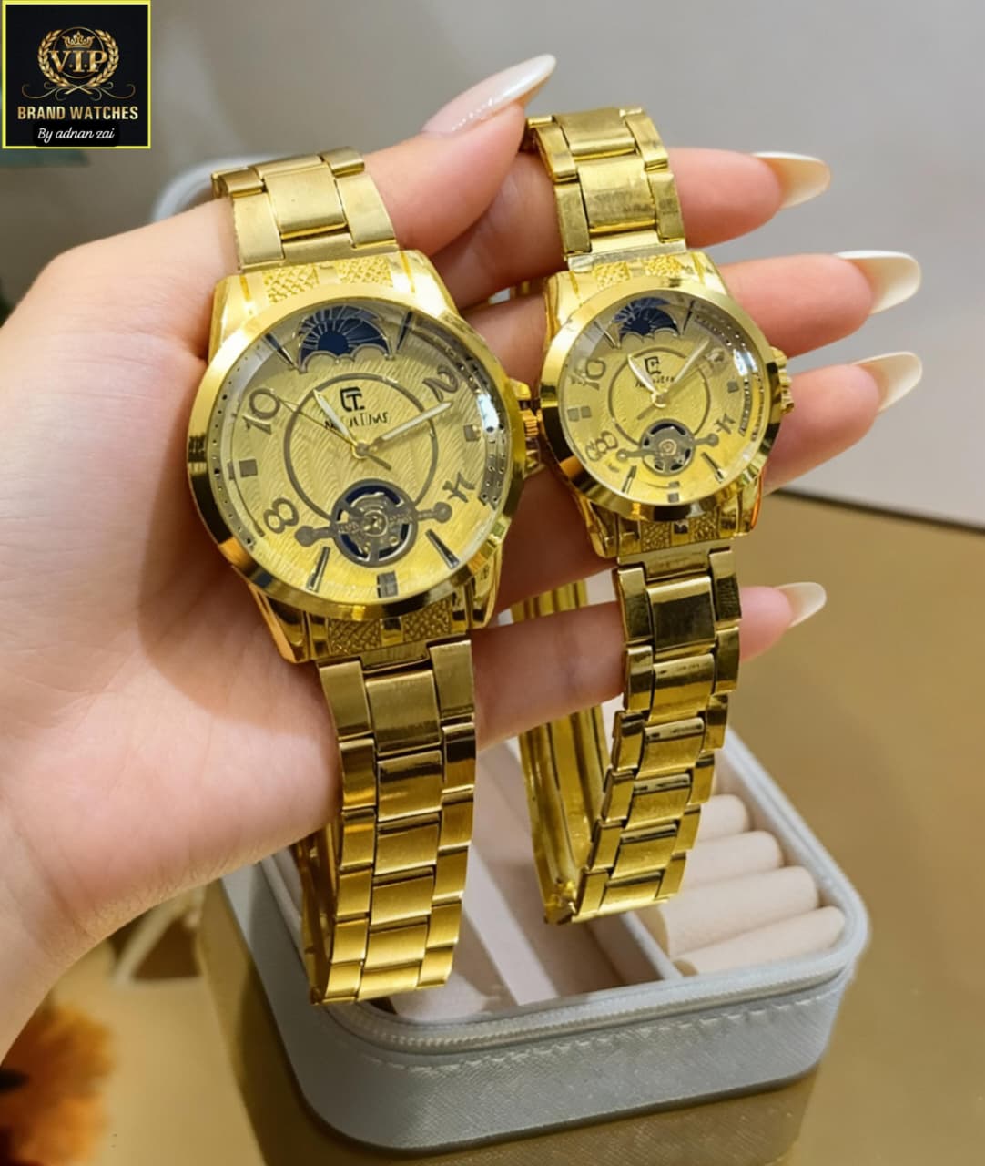 Luxury Couple Watch Set with Moon Phase Display - Matching His & Hers Watches