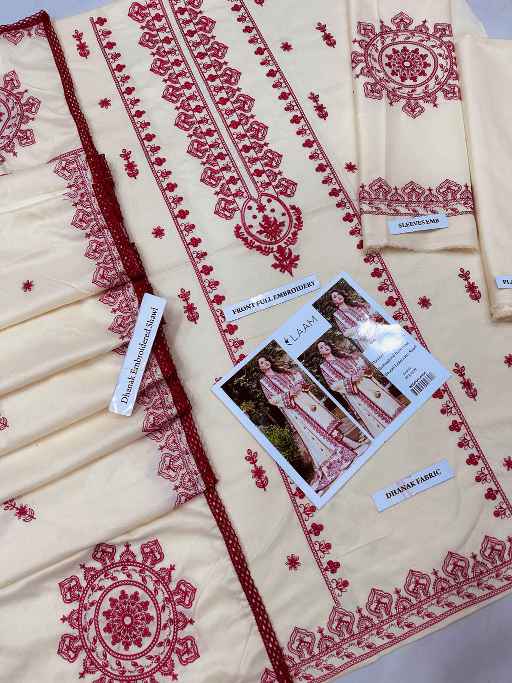 Aneela's Premium DHANAK Embroidered Three-Piece in Ivory Cream with Red Embroidery Shawl