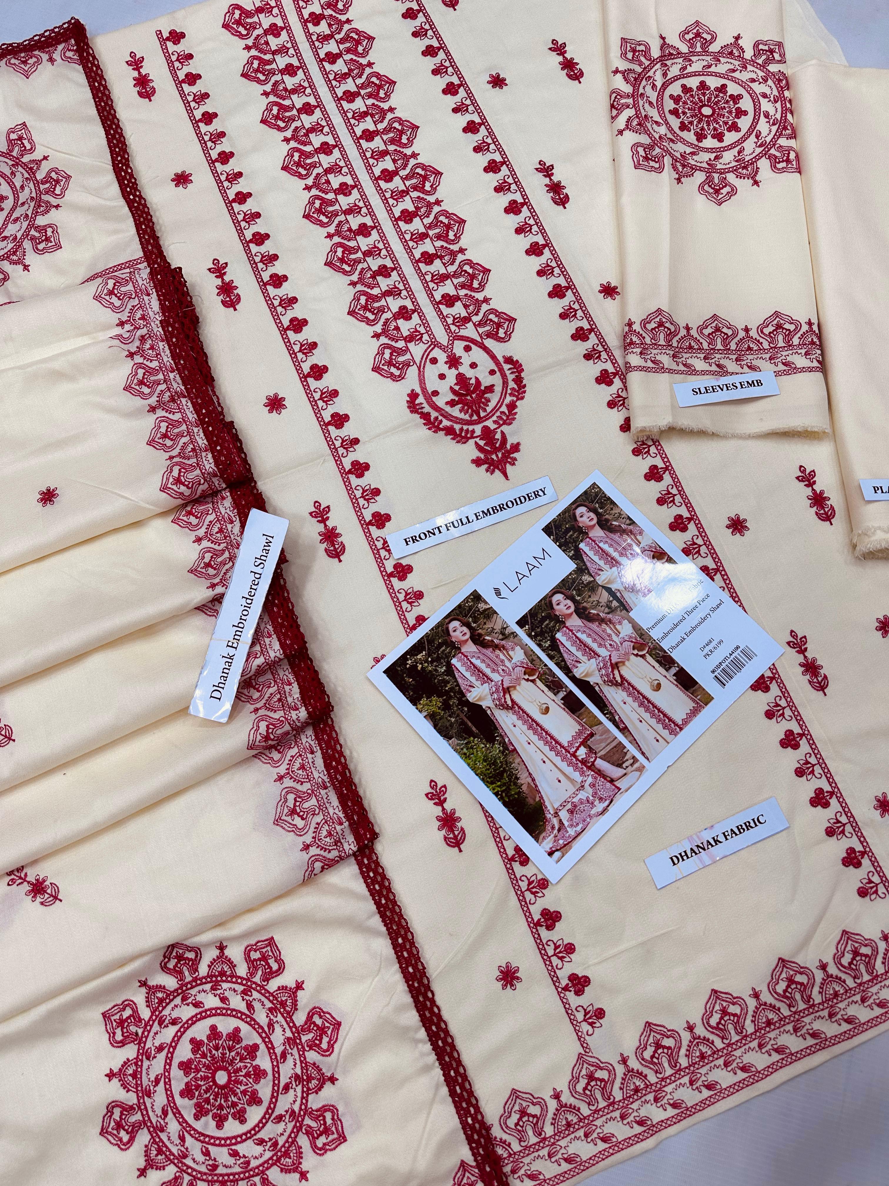 Aneela's Premium DHANAK Embroidered Three-Piece in Ivory Cream with Red Embroidery Shawl