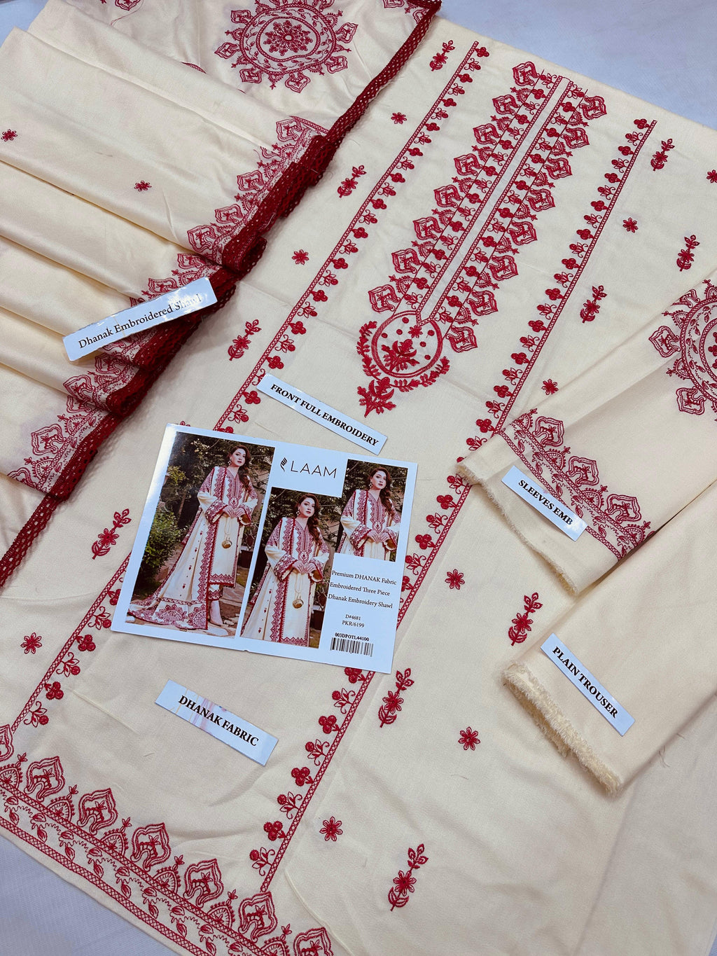 Aneela's Premium DHANAK Embroidered Three-Piece in Ivory Cream with Red Embroidery Shawl