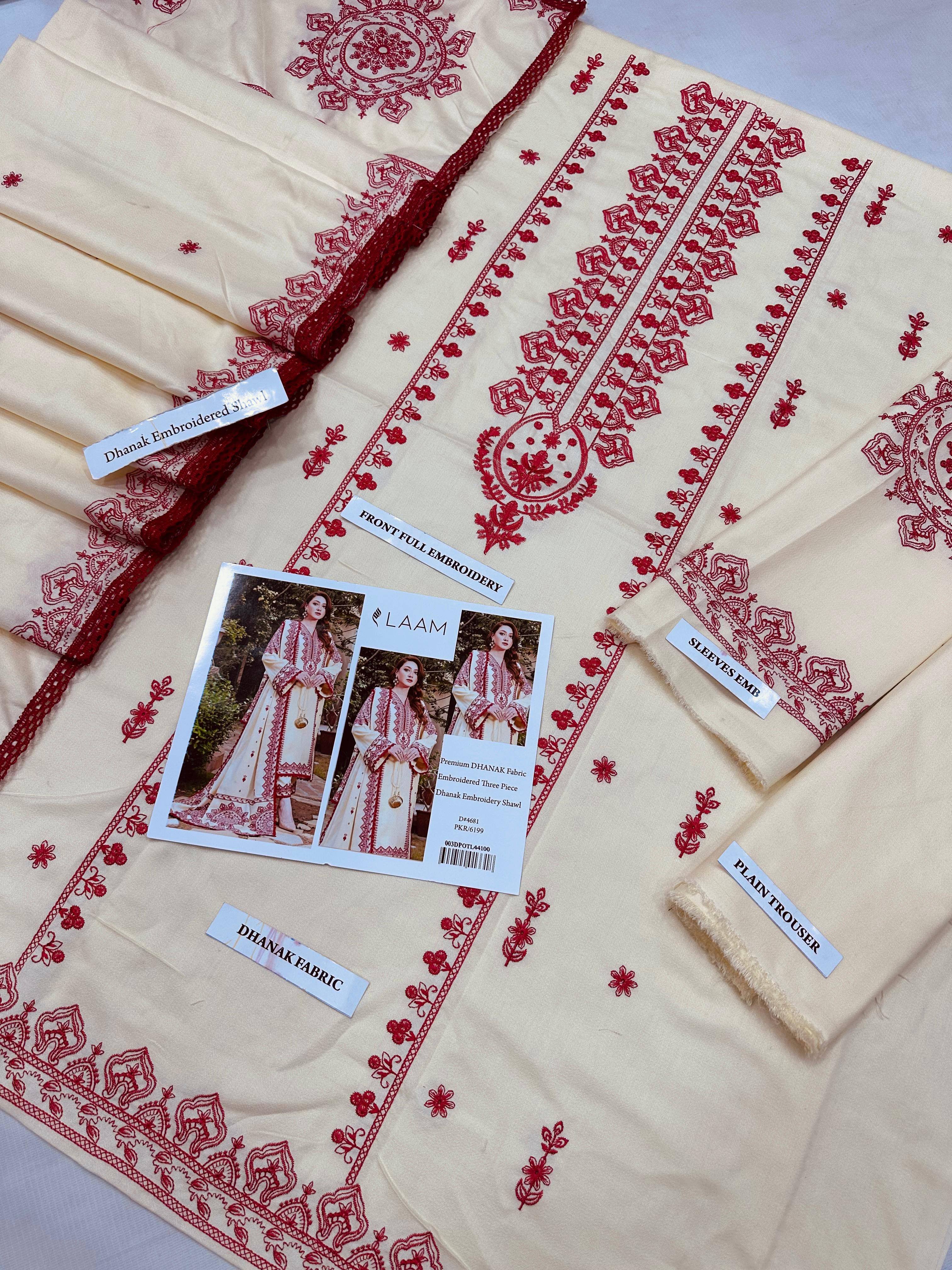 Aneela's Premium DHANAK Embroidered Three-Piece in Ivory Cream with Red Embroidery Shawl