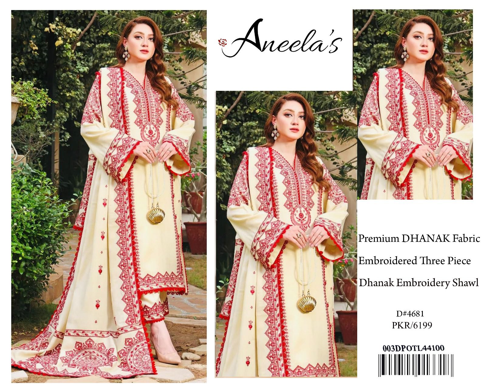 Aneela's Premium DHANAK Embroidered Three-Piece in Ivory Cream with Red Embroidery Shawl