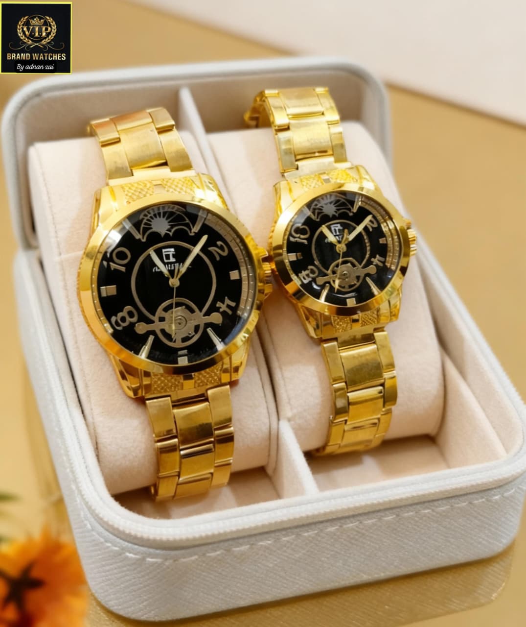 Luxury Couple Watch Set with Moon Phase Display - Matching His & Hers Watches