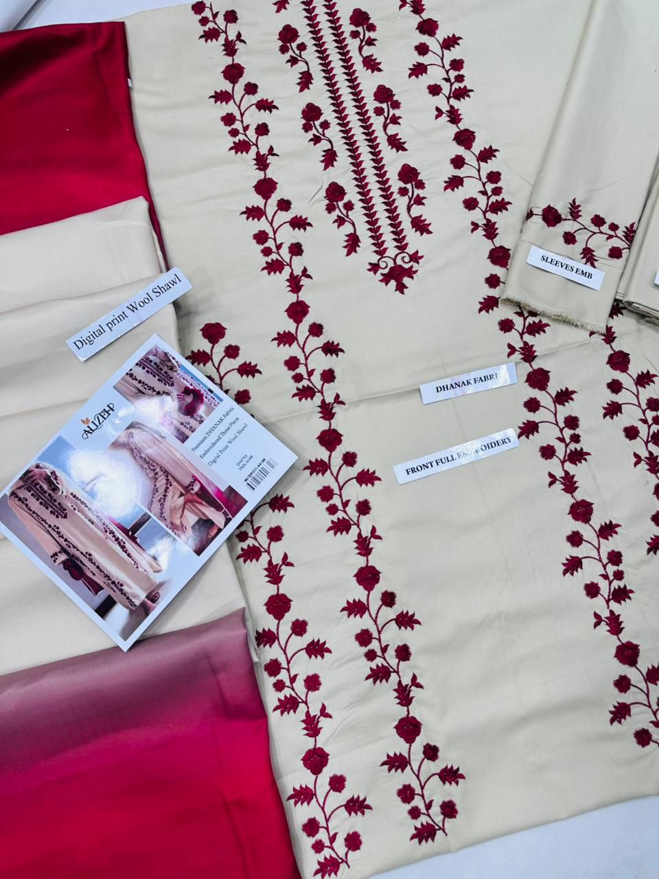 ZARF Premium DHANAK Embroidered Three-Piece in Ivory with Maroon Floral Embroidery & Wool Shawl