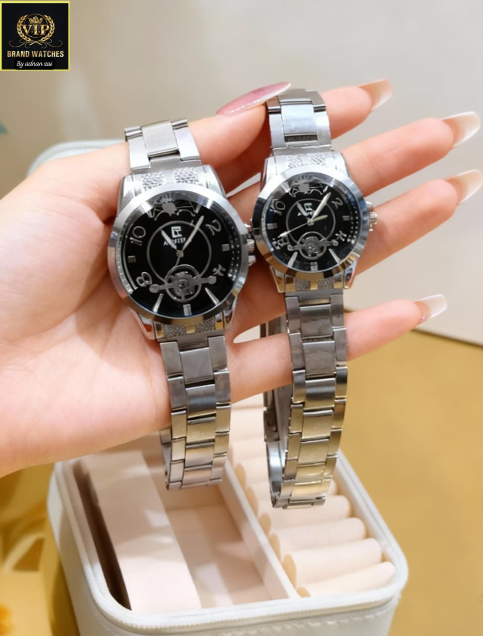 Luxury Couple Watch Set with Moon Phase Display - Matching His & Hers Watches