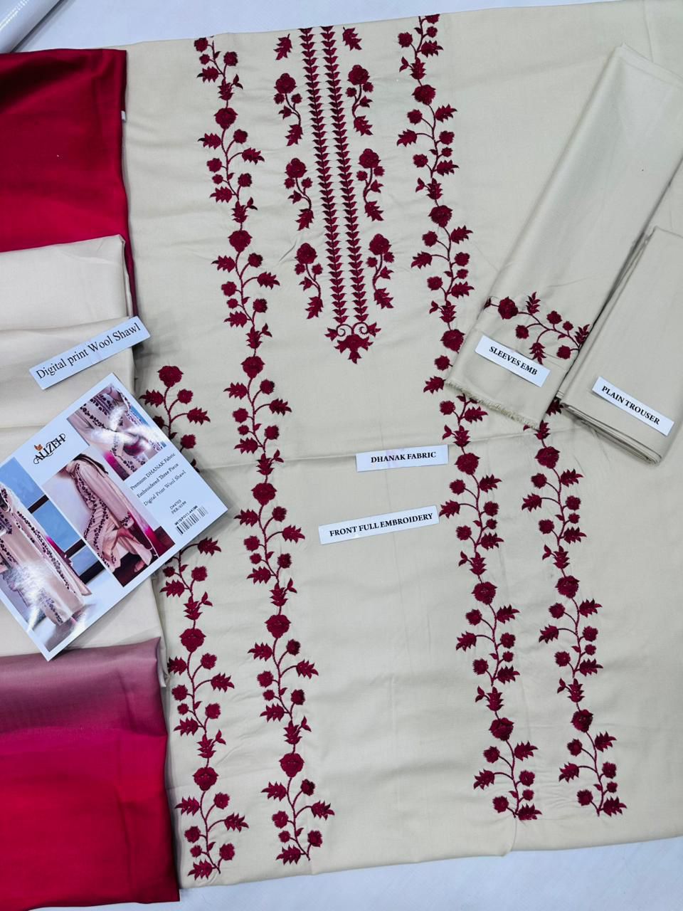 ZARF Premium DHANAK Embroidered Three-Piece in Ivory with Maroon Floral Embroidery & Wool Shawl