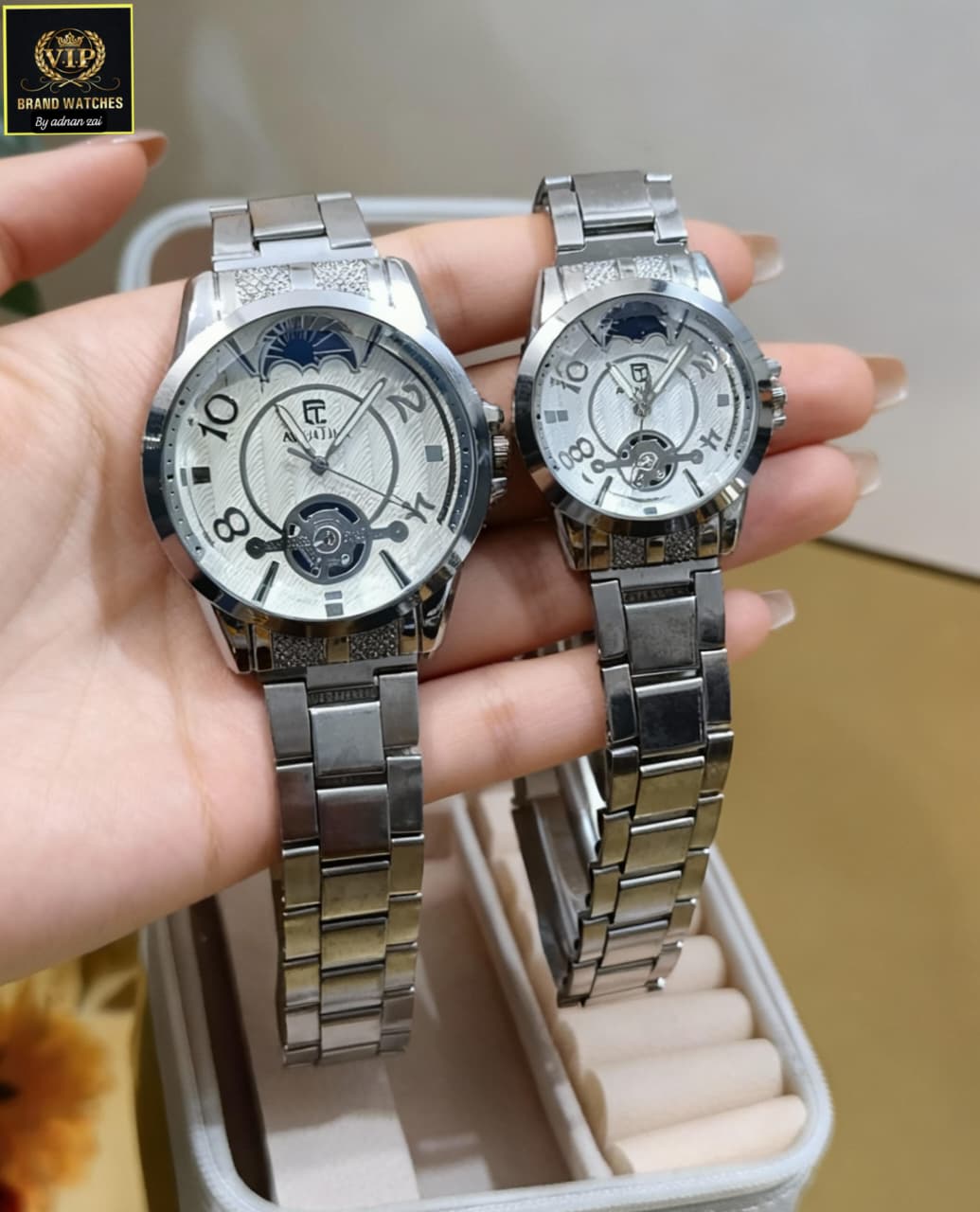 Luxury Couple Watch Set with Moon Phase Display - Matching His & Hers Watches