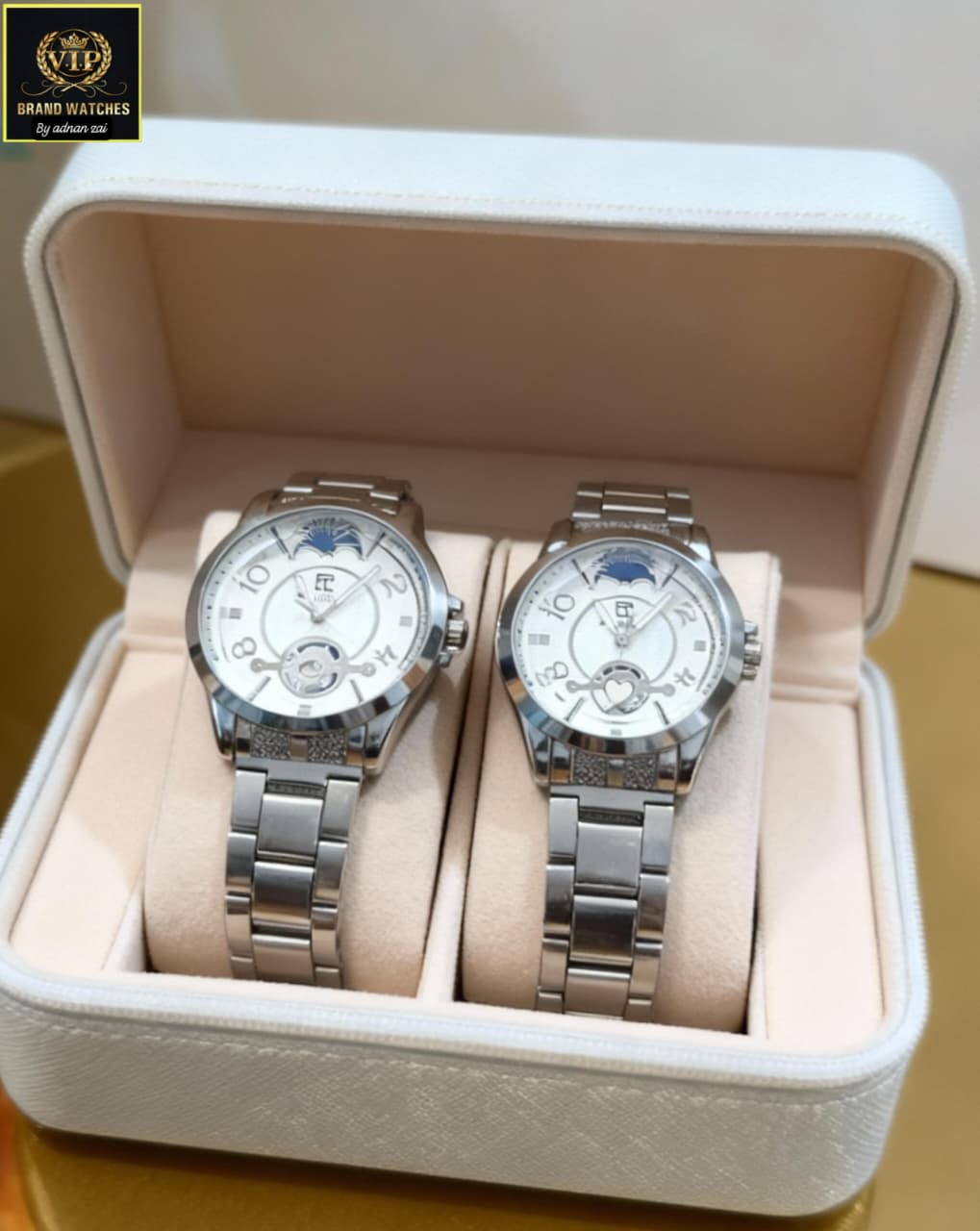Luxury Couple Watch Set with Moon Phase Display - Matching His & Hers Watches