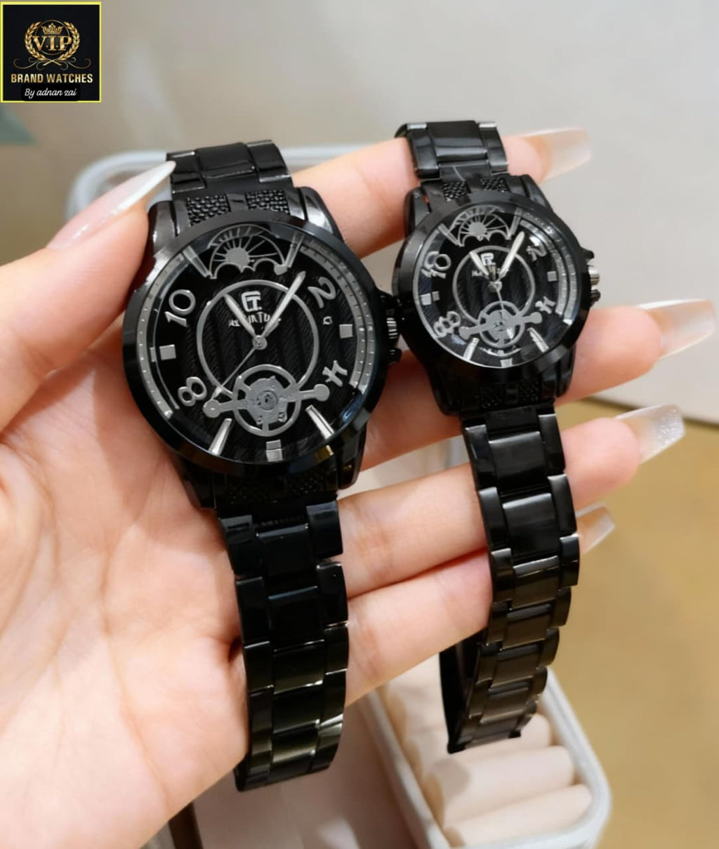 Luxury Couple Watch Set with Moon Phase Display - Matching His & Hers Watches
