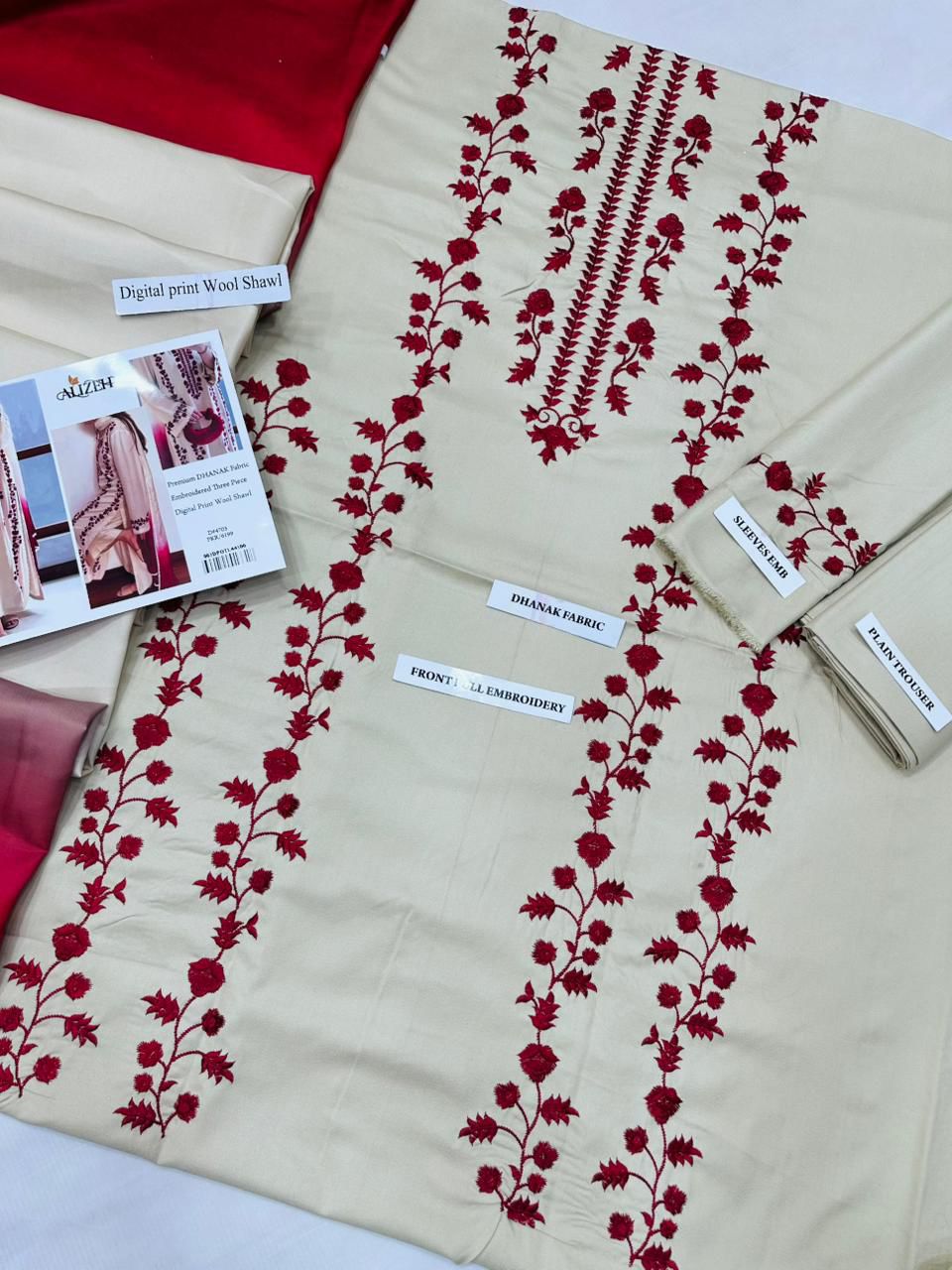ZARF Premium DHANAK Embroidered Three-Piece in Ivory with Maroon Floral Embroidery & Wool Shawl