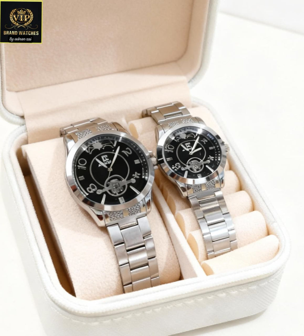 Luxury Couple Watch Set with Moon Phase Display - Matching His & Hers Watches