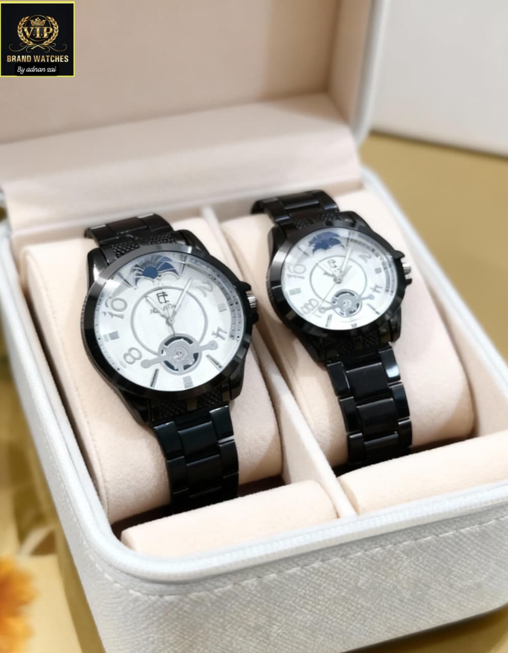 Luxury Couple Watch Set with Moon Phase Display - Matching His & Hers Watches